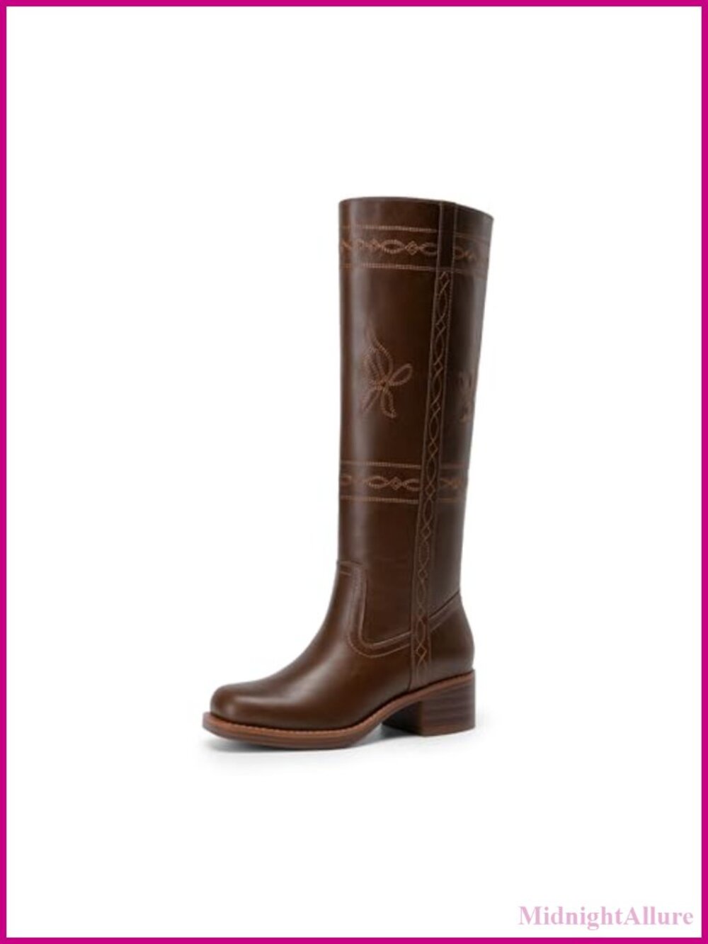 Women's Stitching Vintage Knee High Boots Faux Leather Slip On Square Toe